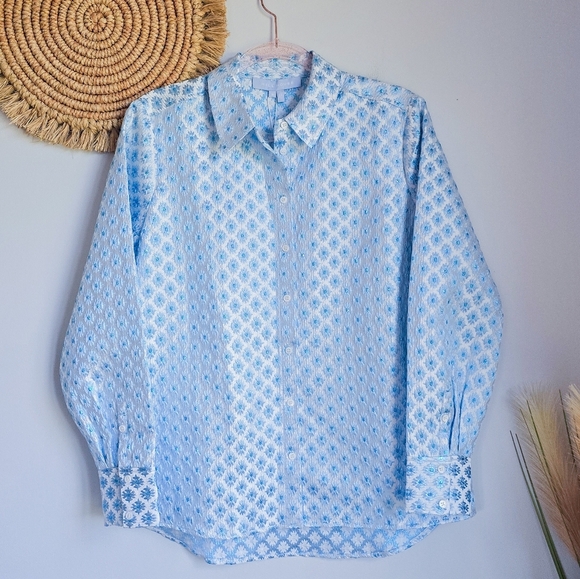 Hill House New The James Shirt Snowflake Brocade Metallic Blue Blouse SZ Small - Picture 10 of 11